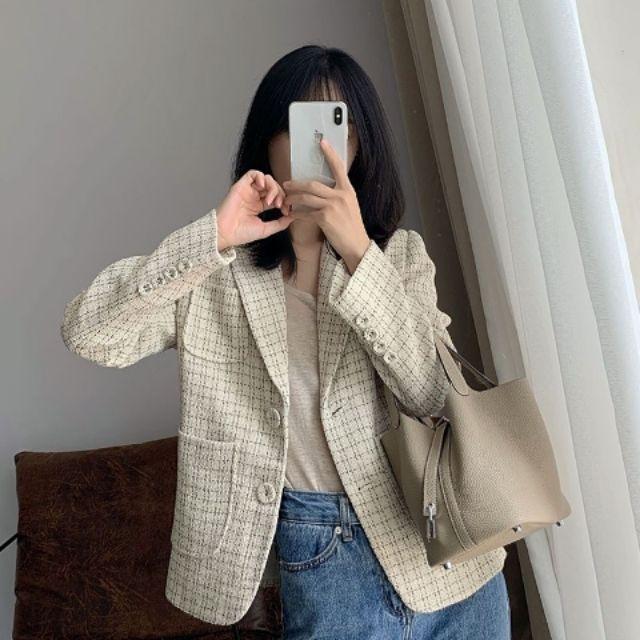 Áo khoác Blazer dạ text dáng ngắn phong cách Hàn Quốc