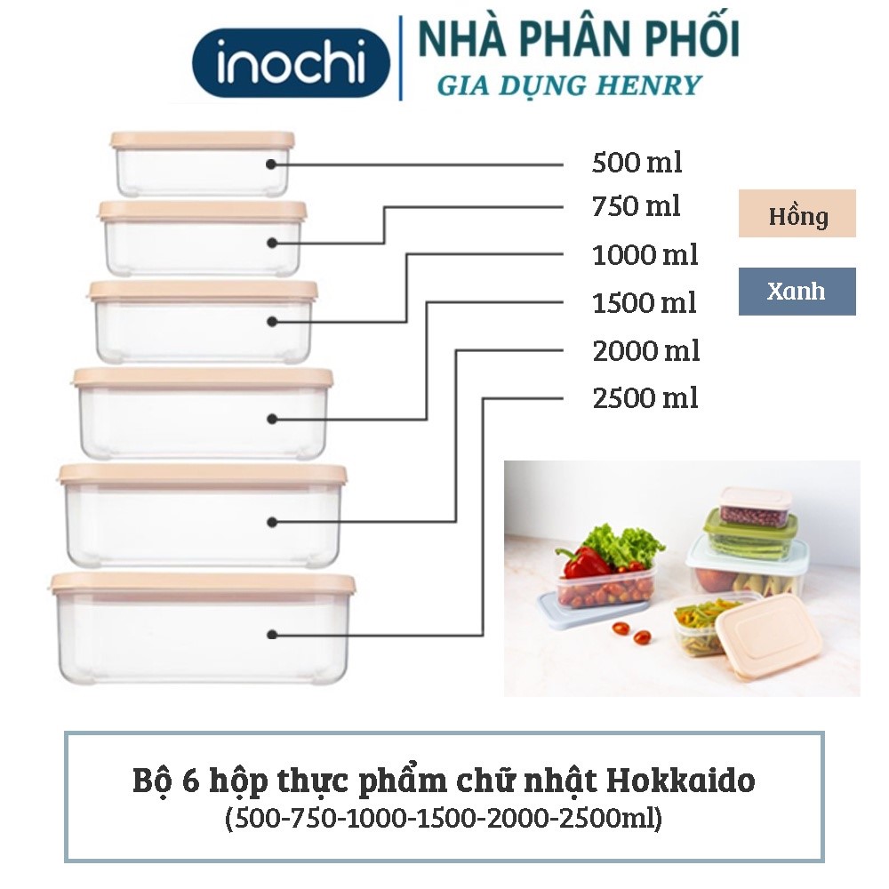 Bộ 6 hộp đựng thực phẩm chữ nhật đủ size Hokkaido ( Tặng kèm Sticker) - Chính hãng Inochi