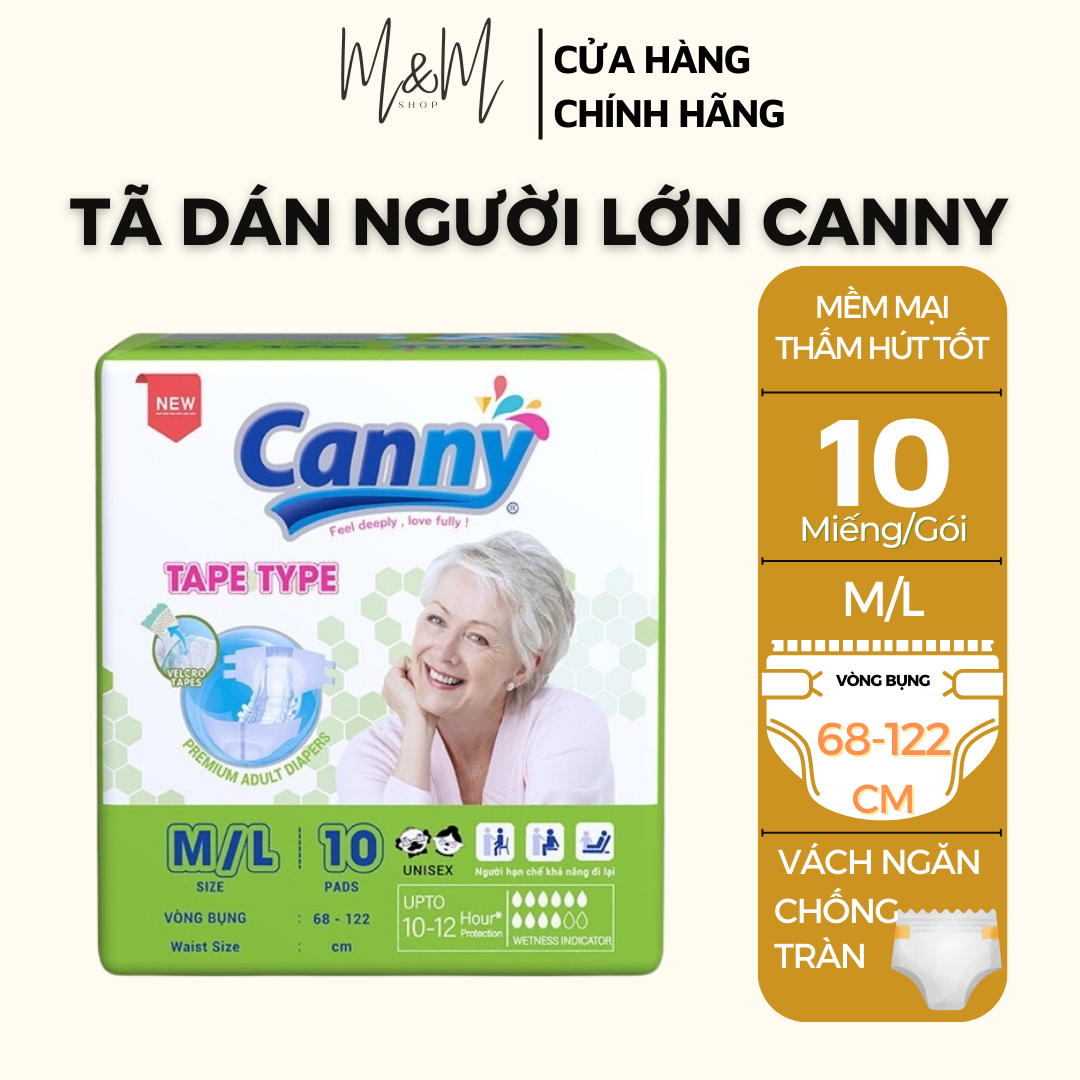 [Deal hot] TÃ DÁN NGƯỜI LỚN CANNY SIZE M/L 10 MIẾNG/GÓI siêu mềm, siêu thấm hút vòng bụng 68-122cm