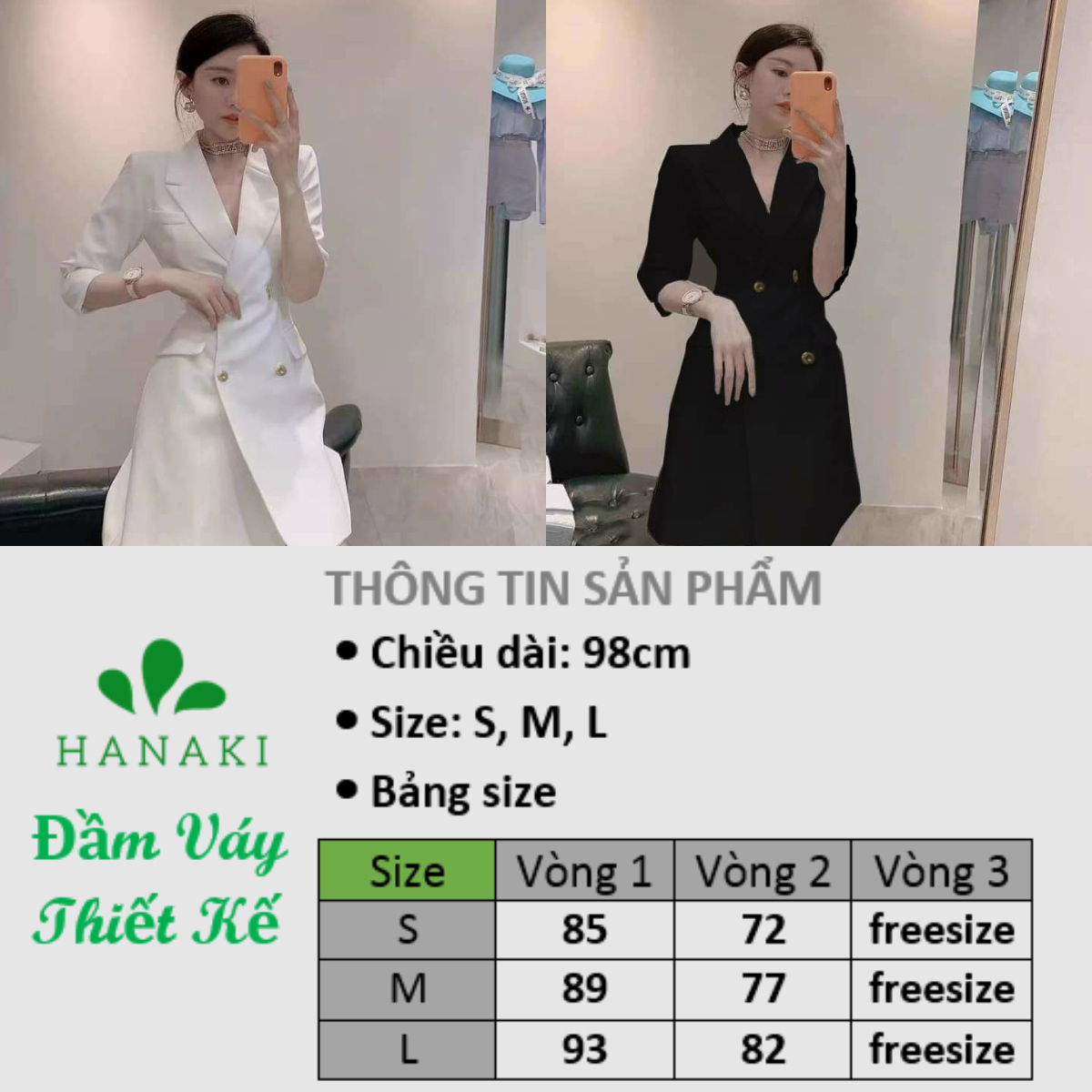Đầm Vest Nữ Thiết Kế Tay Lỡ Đính Nút Form Tôn Dáng, Chất Vải Cotton Co Giãn Có Lót Trong Hanaki HNK334