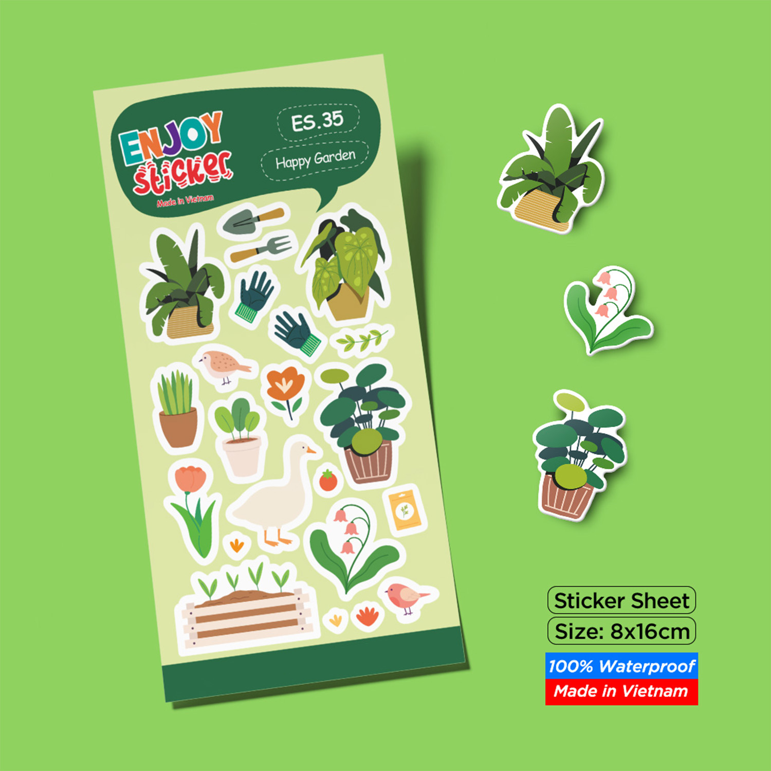 ES35 Happy Garden Enjoy sticker sheet hình dán chống thấm nước Made in Vietnam Sticker Factory