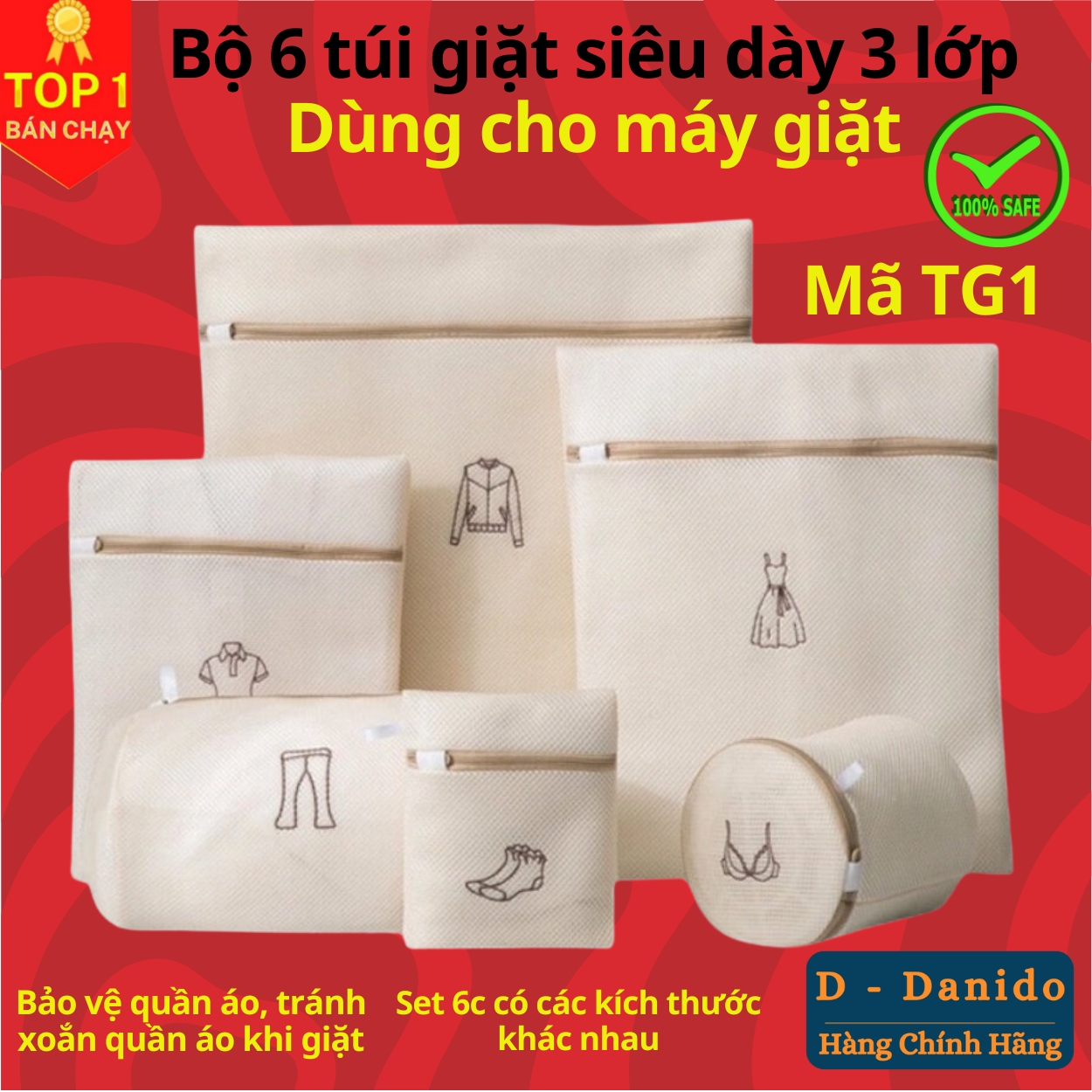 SET 6 túi giặt siêu dày 3 lớp cao cấp - Combo 6 túi lưới bảo vệ quần áo dùng cho máy giặt 3 lớp siêu bền tiện dụng chính hãng D Danido