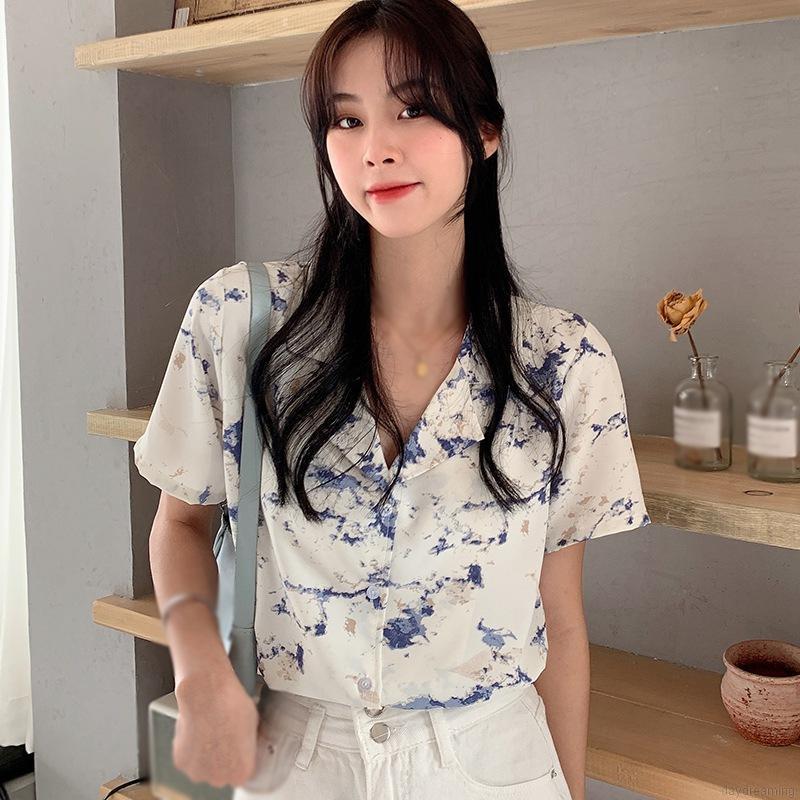 Áo Chiffon Tay Ngắn Dáng Rộng Họa Tiết In Thời Trang Cho Nữ