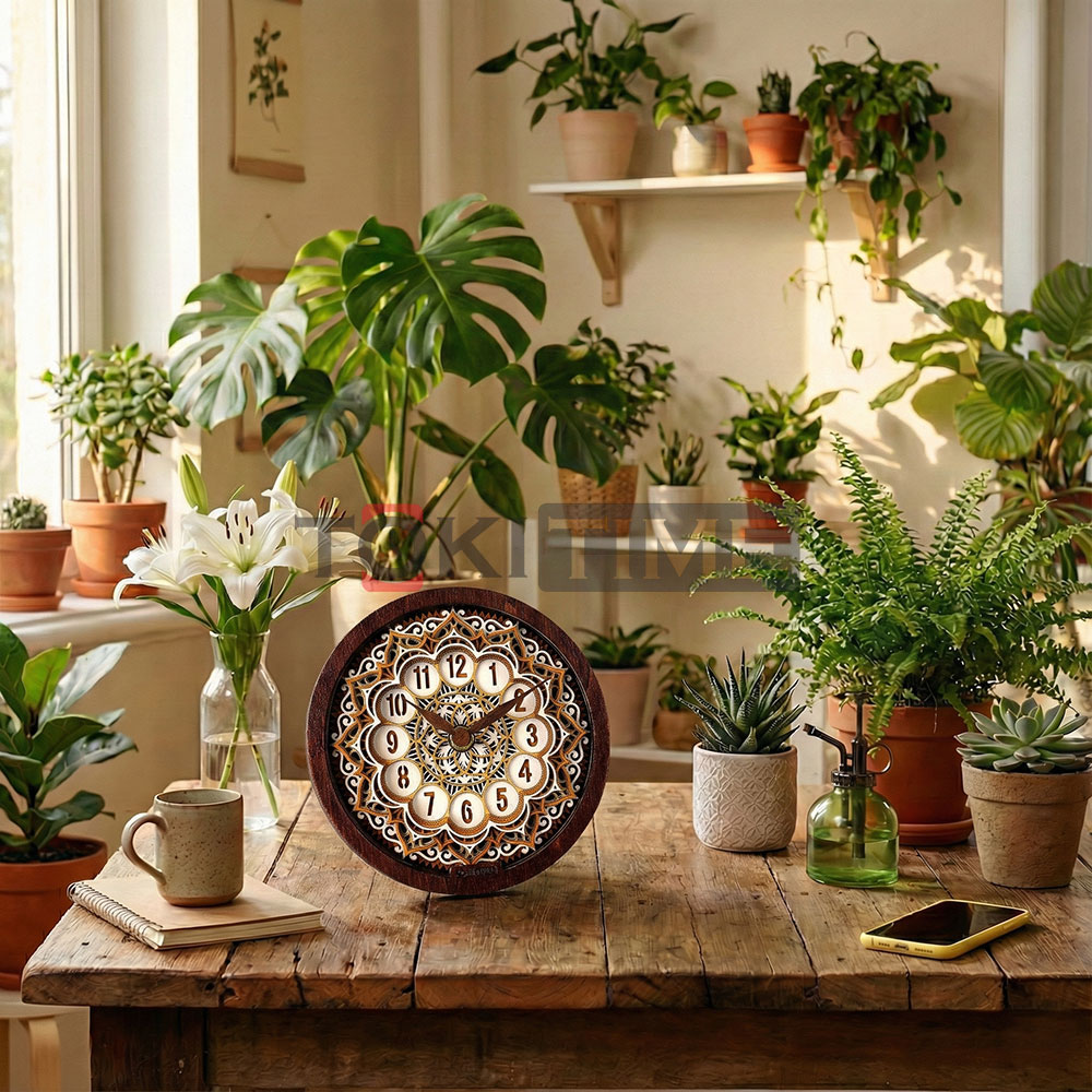 Đồng hồ gỗ để bàn phong cách nghệ thuật – Xếp Lớp 3D độc đáo