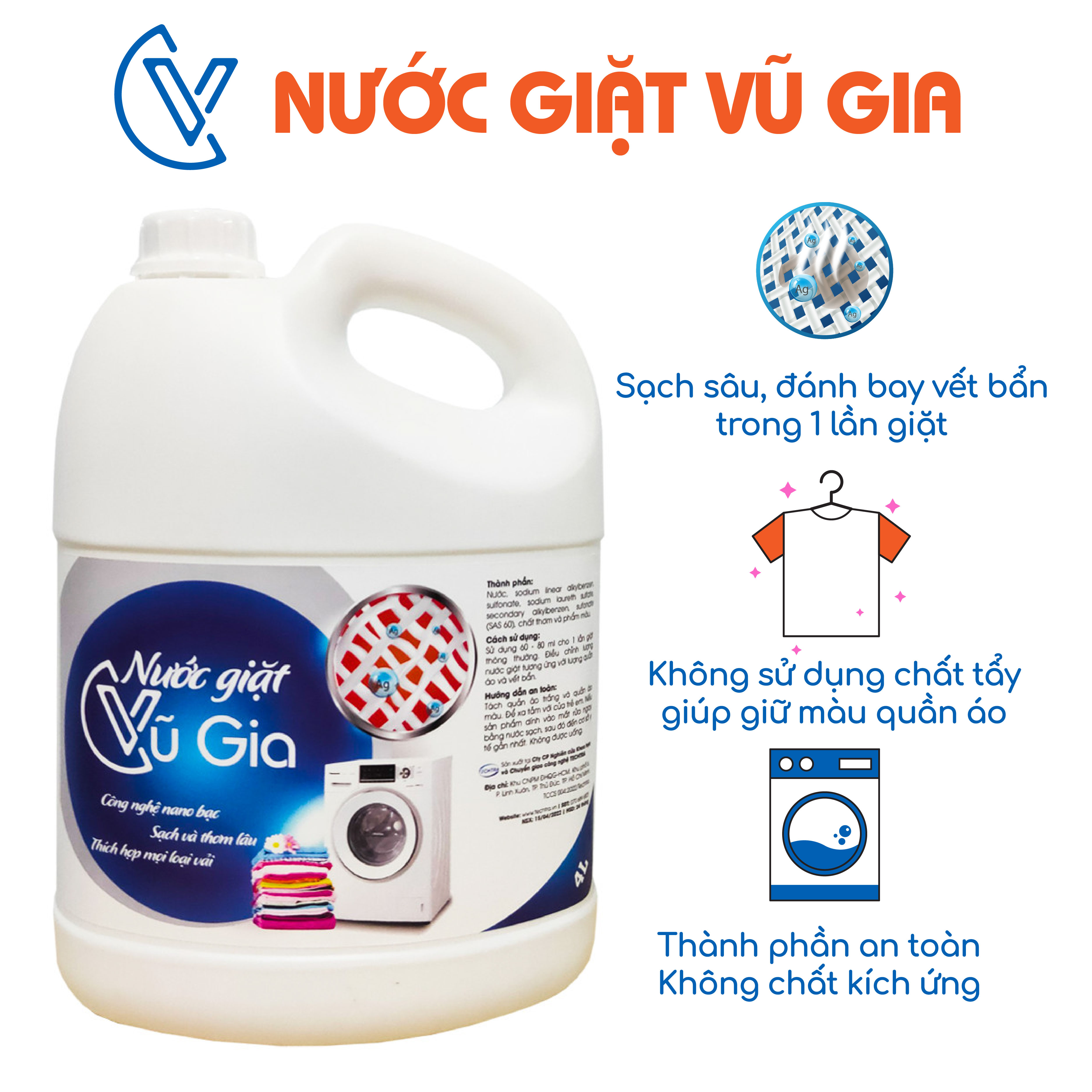 Nước giặt Vũ Gia can 4 lít | Hương thơm dễ chịu | Tự hào hàng Việt Nam chất lượng cao