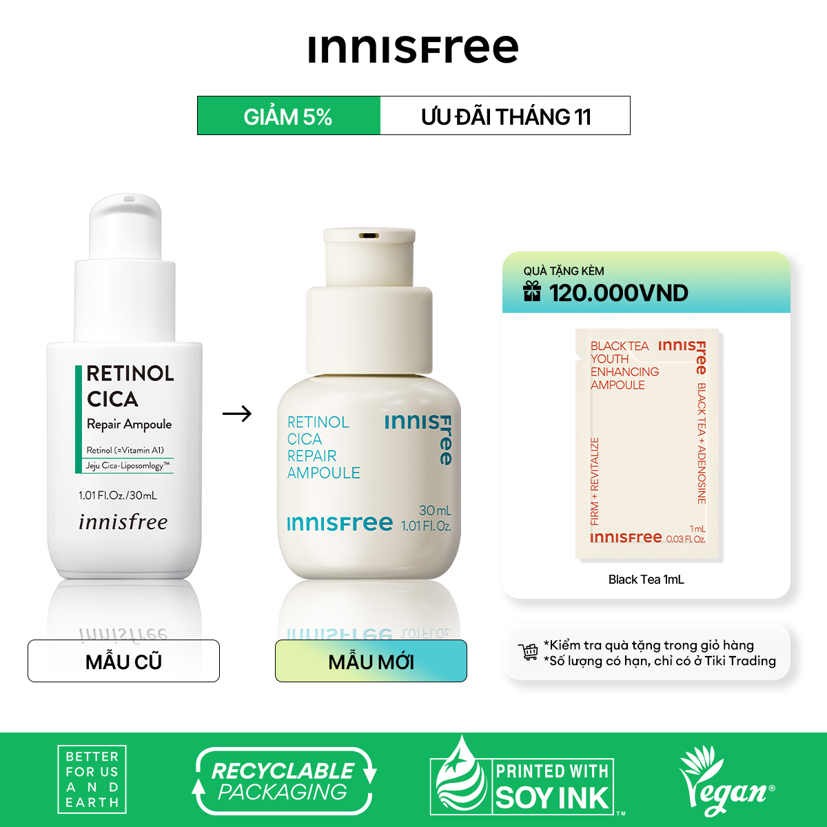 Tinh chất dưỡng phục hồi da innisfree Retinol Cica Repair Ampoule 30 mL
