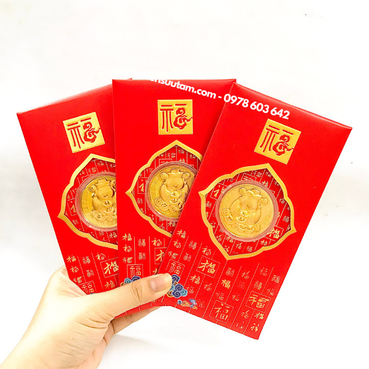 Combo 10 Bao Lì Xì Đồng Xu Thần Tài Cute Mạ Vàng, kích thước: 17cmx9cm, màu đỏ - SP005983