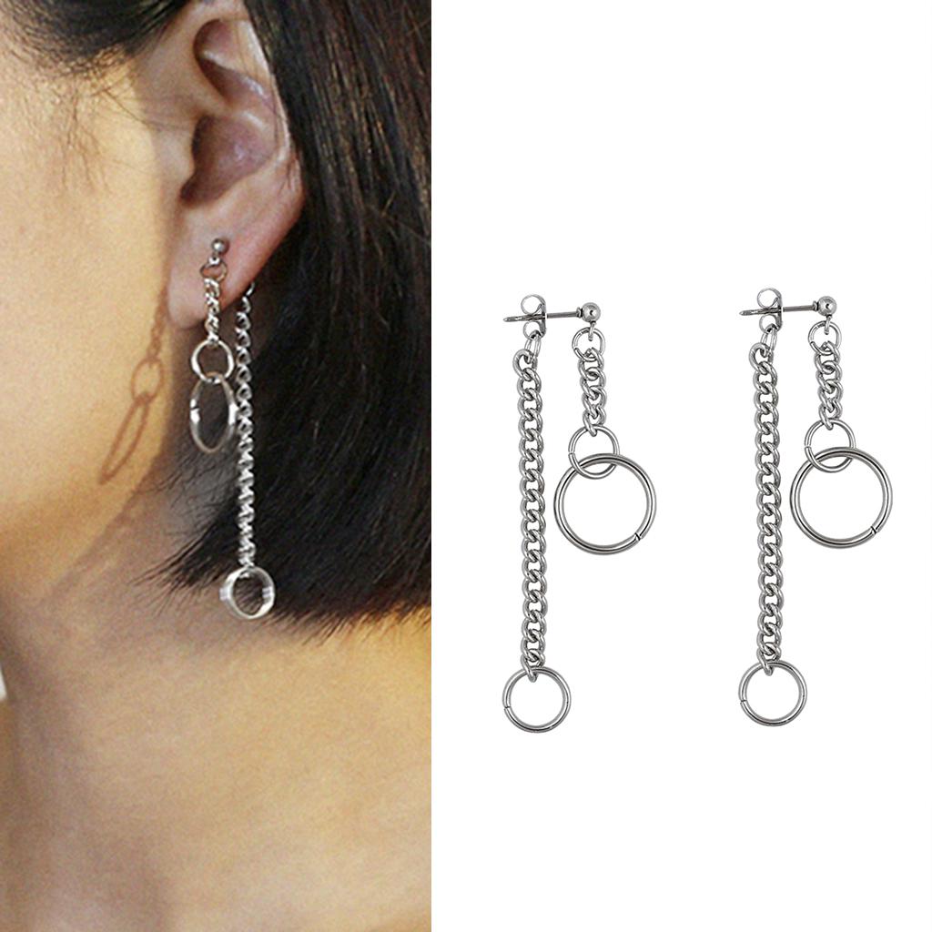 1 Pair Long Chain Tassel Hoop Drop Dangle Silver Color Ear Stud Earrings