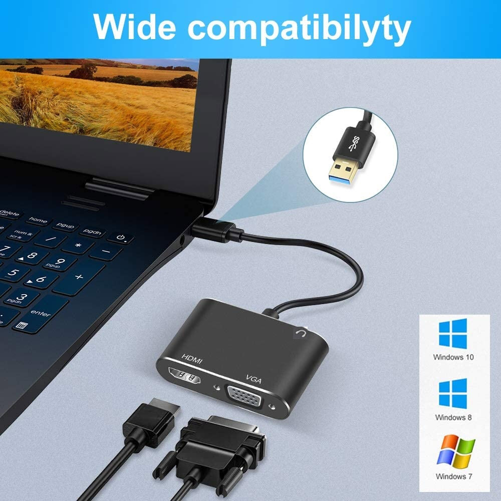 3 in 1 USB 3.0 to HDMI-compatible VGA Converter Dual Output USB to VGA HDMI HD 1080P for Mac OS Windows 7/8/10