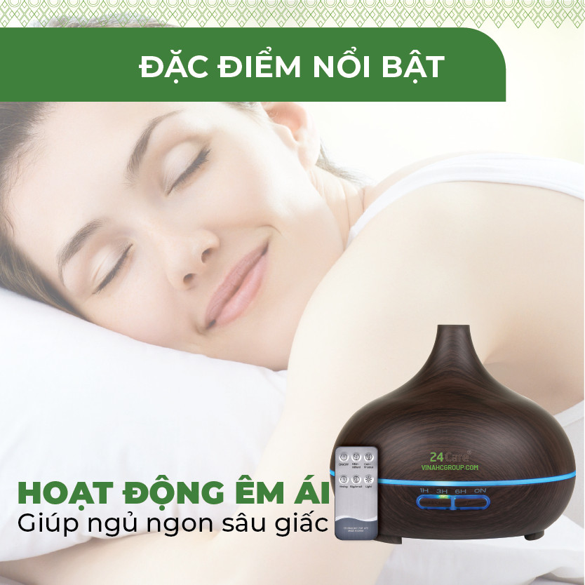 Máy khuếch tán Tinh Dầu 24Care Cổ Cao Đen Ultrasonic 500ml, Tặng 3 Chai Tinh dầu Sả Chanh + Bạc Hà + Cam Úc 24Care 10ml | Xông Phòng | Kèm Remote Điều Khiển |Công nghệ siêu âm tiên tiến.