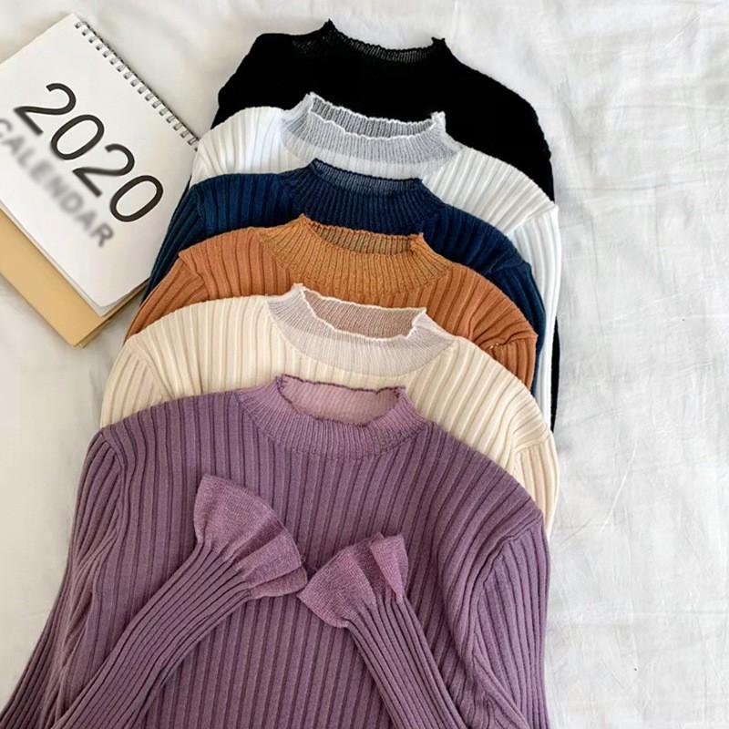 Áo dệt kim màu trơn cổ tròn phối ren kiểu tay dài trẻ trung xinh xắn