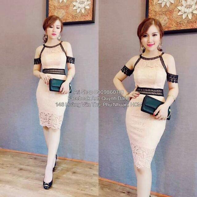 Đầm body phối lưới trắng 2 dây