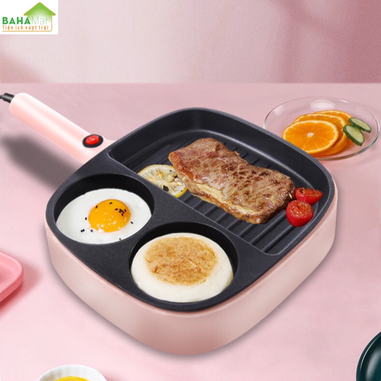 CHẢO ĐÁ ĐIỆN MINI CHỐNG DÍNH CHIA 3 NGĂN TIỆN SỬ DỤNG CHO BẾP "BAHAMAR" Chảo chia 3 ngăn, 2 ngăn tròn làm bánh, ngăn to dùng chiên, xào tiện lợi.