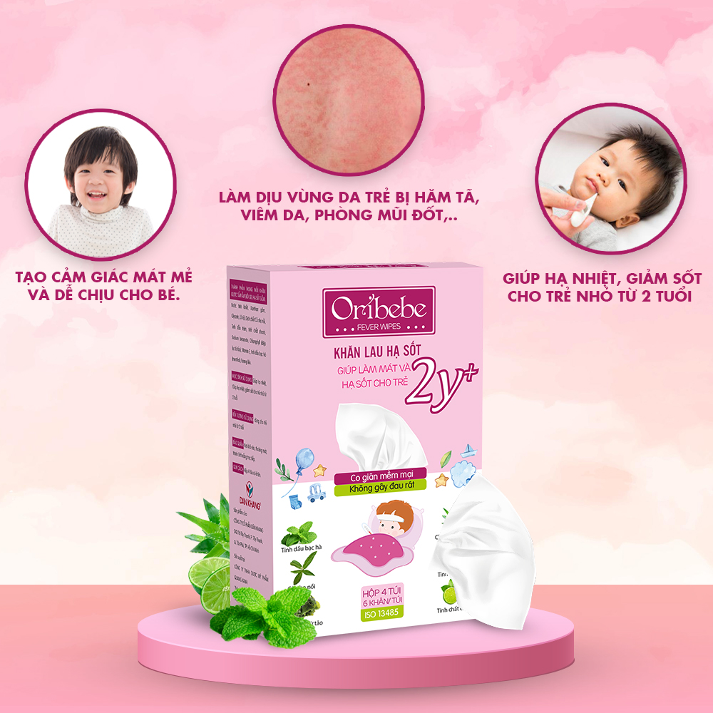 Khăn Lau Hạ Sốt 2Y+ Oribebe Cho Bé Giúp Hạ Nhiệt Giảm Sốt Hộp 4 Túi x 6 Khăn