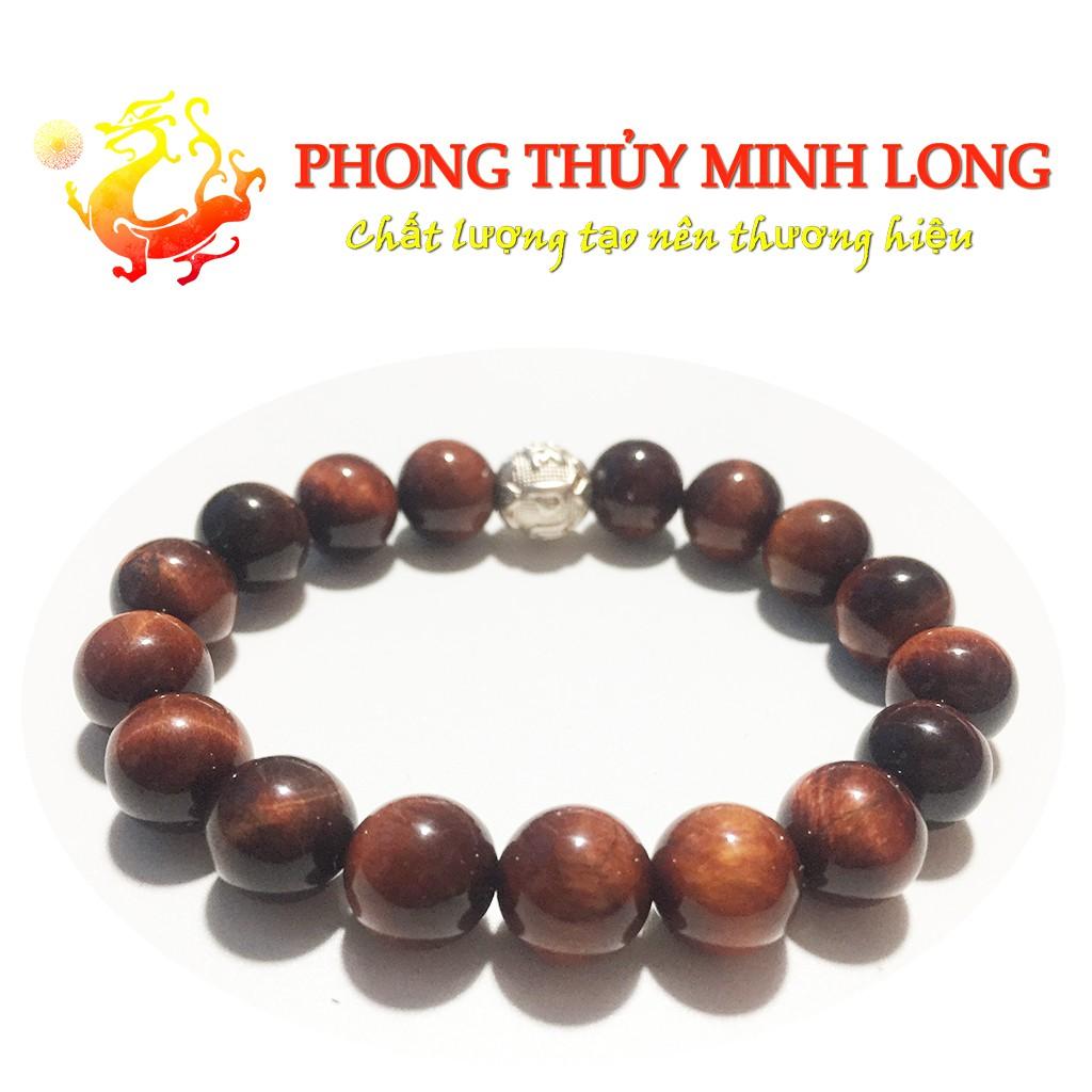 Vòng tay đá mắt hổ Đỏ Nâu chất lượng 5A mix 1 hạt Kim Tiền Bạc hợp mệnh Hỏa và Thổ