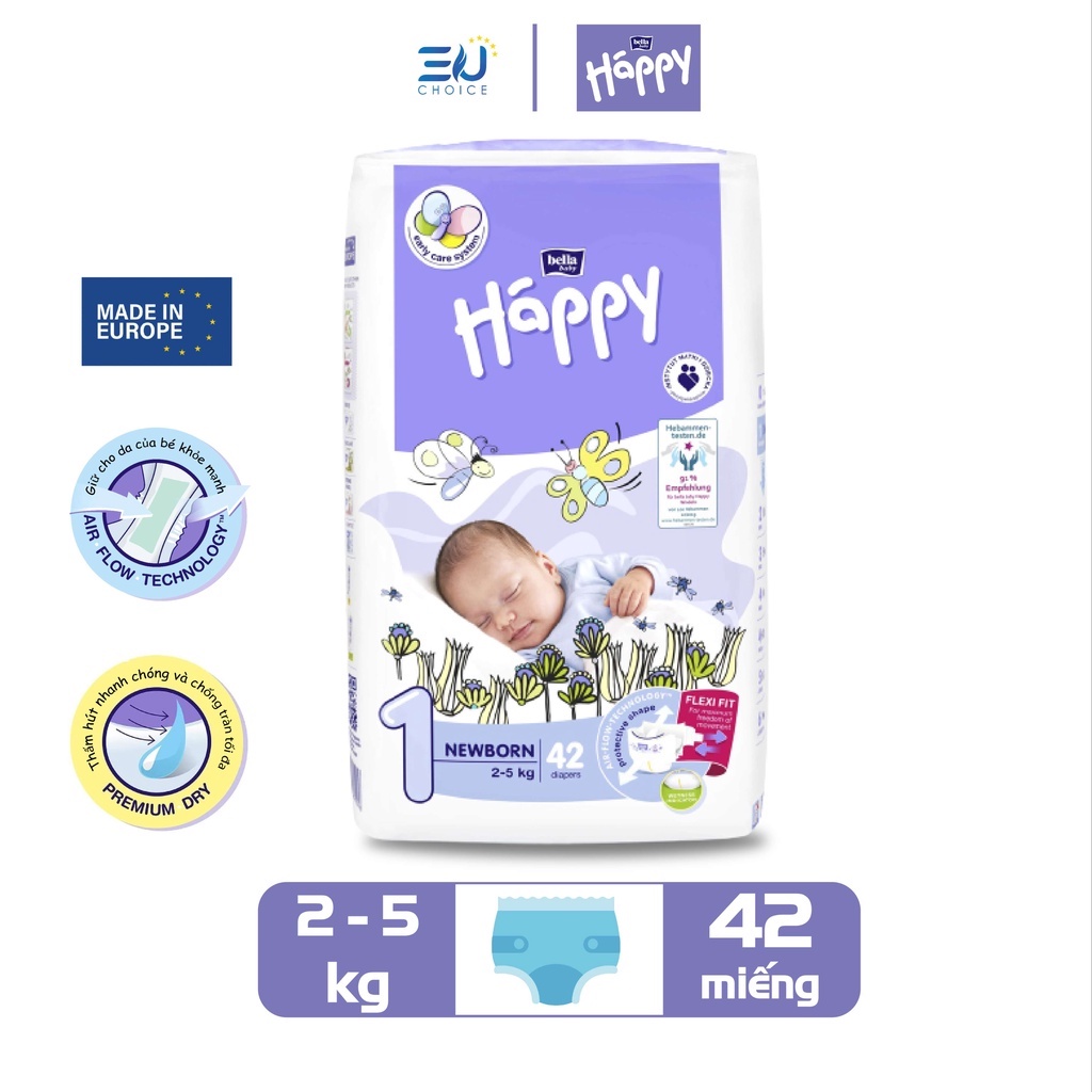 Bỉm T1, tã dán cao cấp BELLA HAPPY nhập khẩu Pháp 42 miếng cho bé 2-5kg thoáng mát, thấm hút, chống tràn