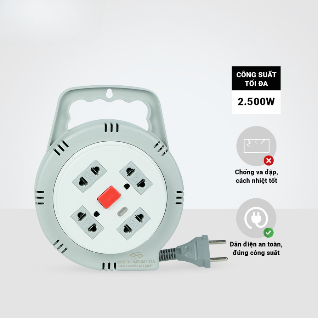 Ổ Cắm Điện Tròn Xoay Tay Honjianda HJD-081-10A Chiều Dài Dây 5M Công Suất Tối Đa Max 2500W 250V - 10A - Hàng Chính Hãng