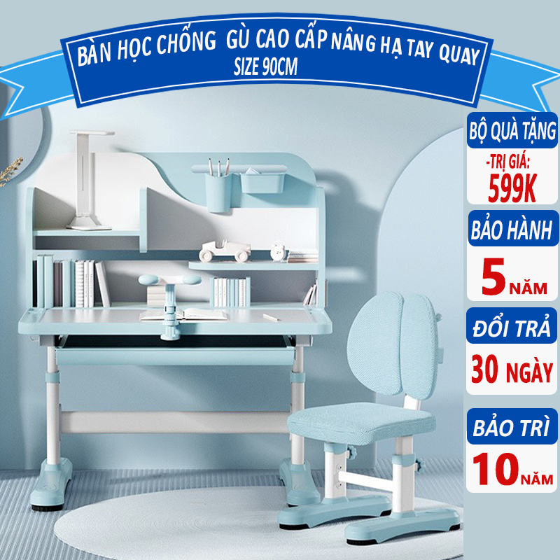 Bộ bàn học chống gù F04 , Bàn học cho bé có giá sách, Nâng hạ tay quay cao cấp, Giá tốt