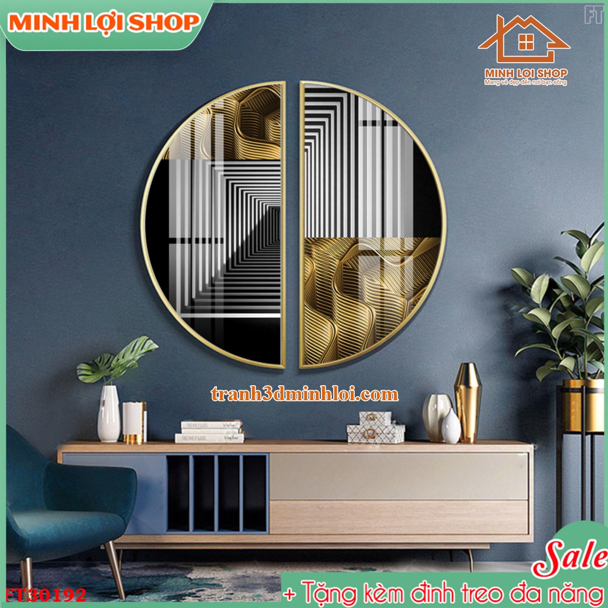 Tranh tròn bán nguyệt HIỆN ĐẠI trừu tượng treo tường trang trí phòng khách cực sang TẶNG KÈM ĐINH TREO
