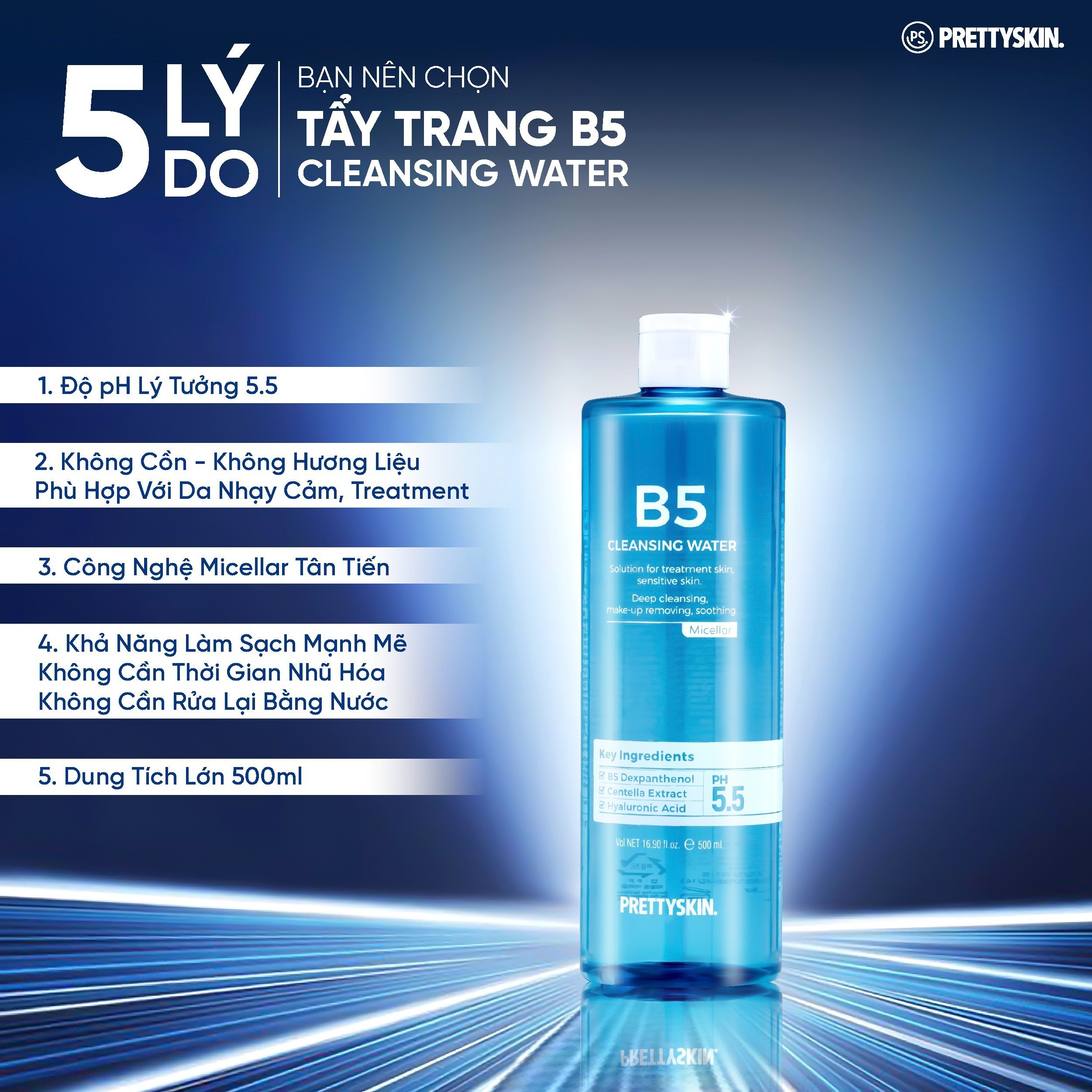 Nước tẩy trang dưỡng ẩm, dịu nhẹ B5 Pretty Skin Cleansing Water dành cho da nhạy cảm, da treatment 500ml