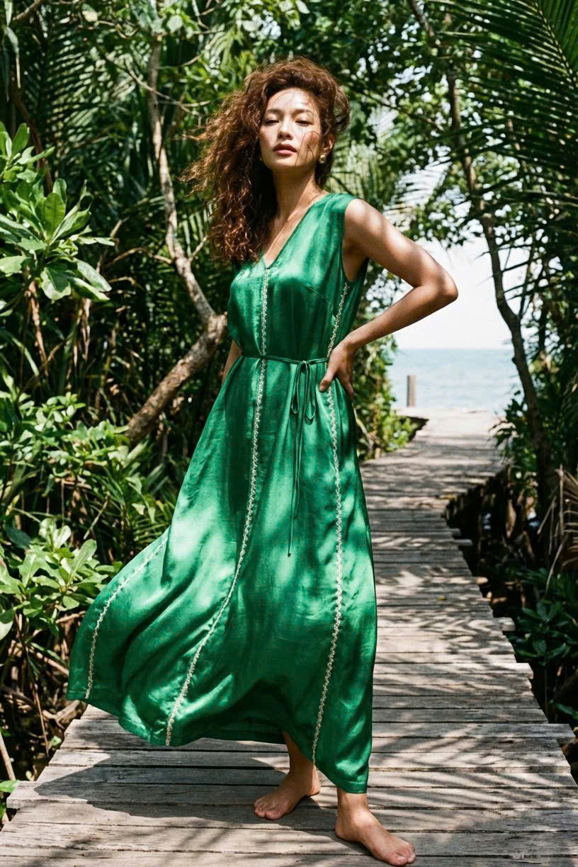 Đầm Maxi Lụa Tơ Tằm Thêu Tay Xanh Ngọc Phỉ Thuý DRE202 thời trang thiết kế Hity