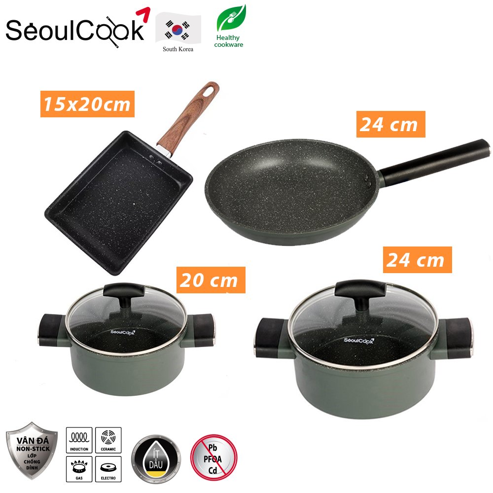 Bộ nồi chảo 4 món đáy từ, H1, nồi 20cm + nồi 24cm + chảo 24cm + chảo vuông 15x20cm Seoulcook Hàn Quốc, dùng được tất cả các loại bếp / Induction