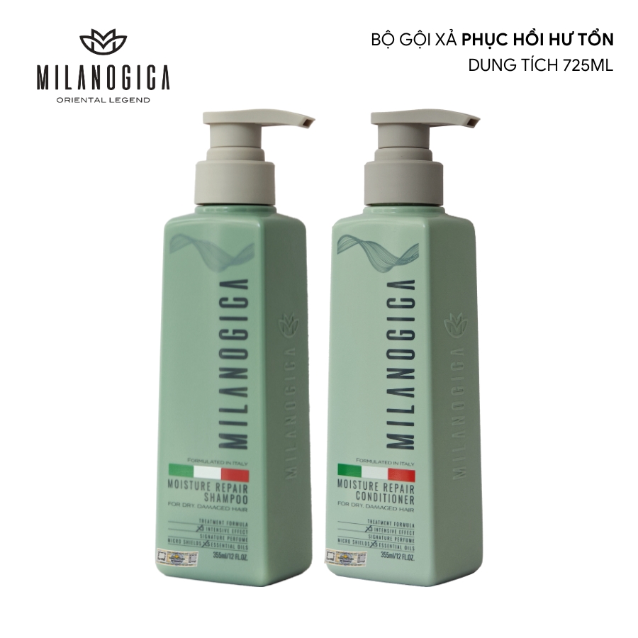 Combo Dầu Gội &amp; Xả hương nước hoa Milanogica 725ml Phục hồi hư tổn, Giảm gàu sạch ngứa da đầu