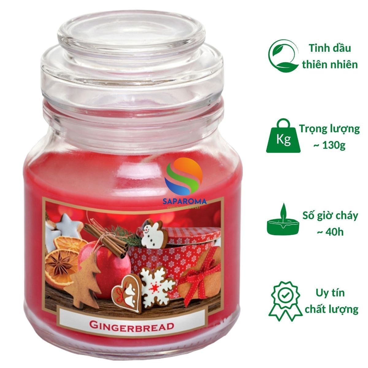 Hũ nến thơm tinh dầu Bartek Gingerbread 130g QT06649 - bánh gừng, táo, quế, nến trang trí, thơm phòng, thư giãn, Hỗ trợ khử mùi