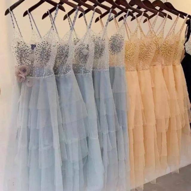 Đầm xoè xếp tầng 2 dây kết cườm hạt và hoa nổi SIÊU XINH -MS88YMM MM