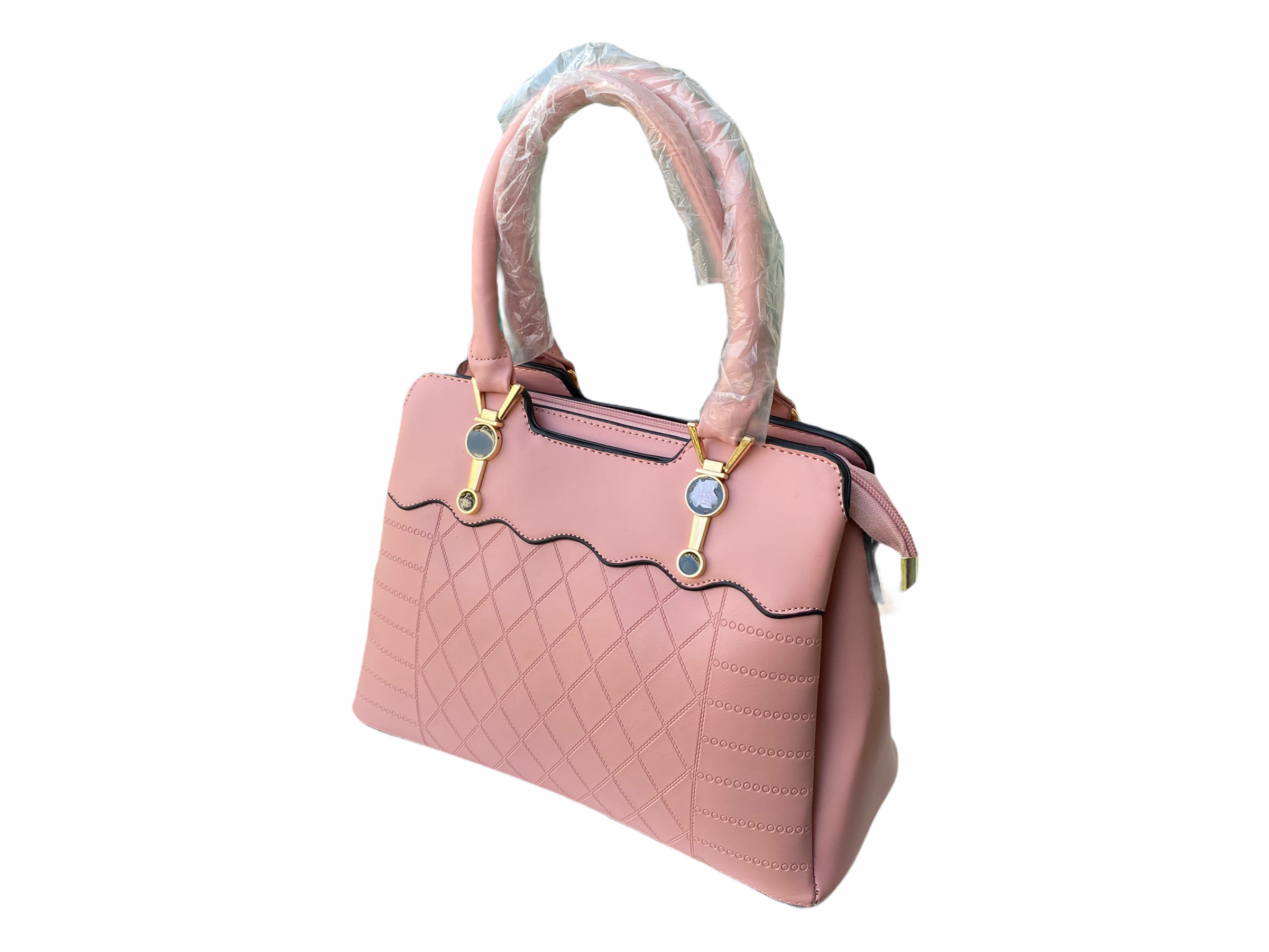 Túi nữ xách tay thời trang 11420 da ép caro chéo thân nối sóng hồng phấn