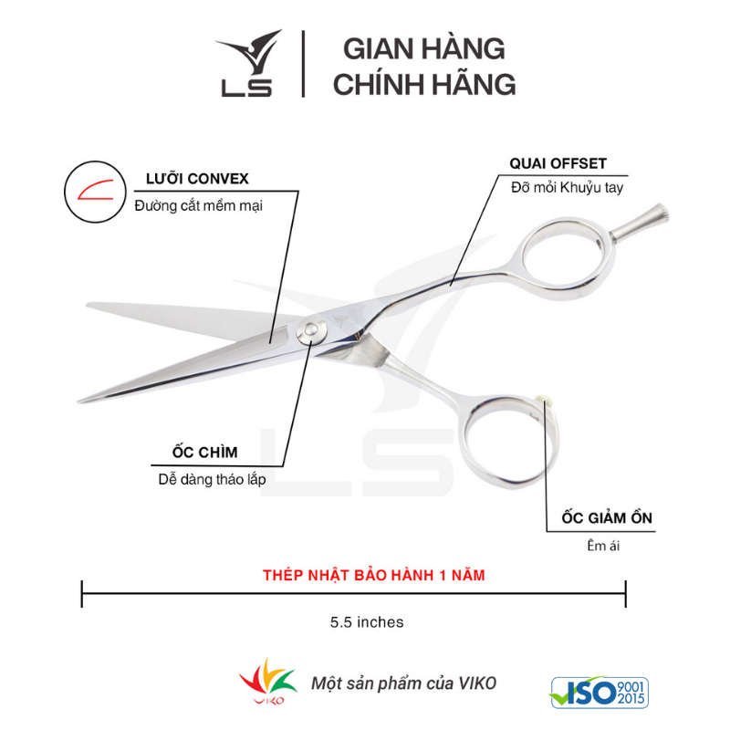 Kéo cắt tóc LS JP551 lưỡi thẳng quai offset vênh đỡ ngón tháo rời -tặng bao da và bộ vệ sinh kéo
