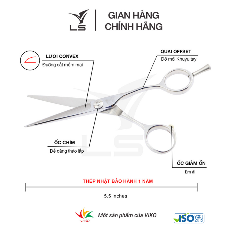 Kéo cắt tóc LS  JP551 lưỡi thẳng quai offset vênh đỡ ngón tháo rời -tặng bao da và bộ vệ sinh kéo