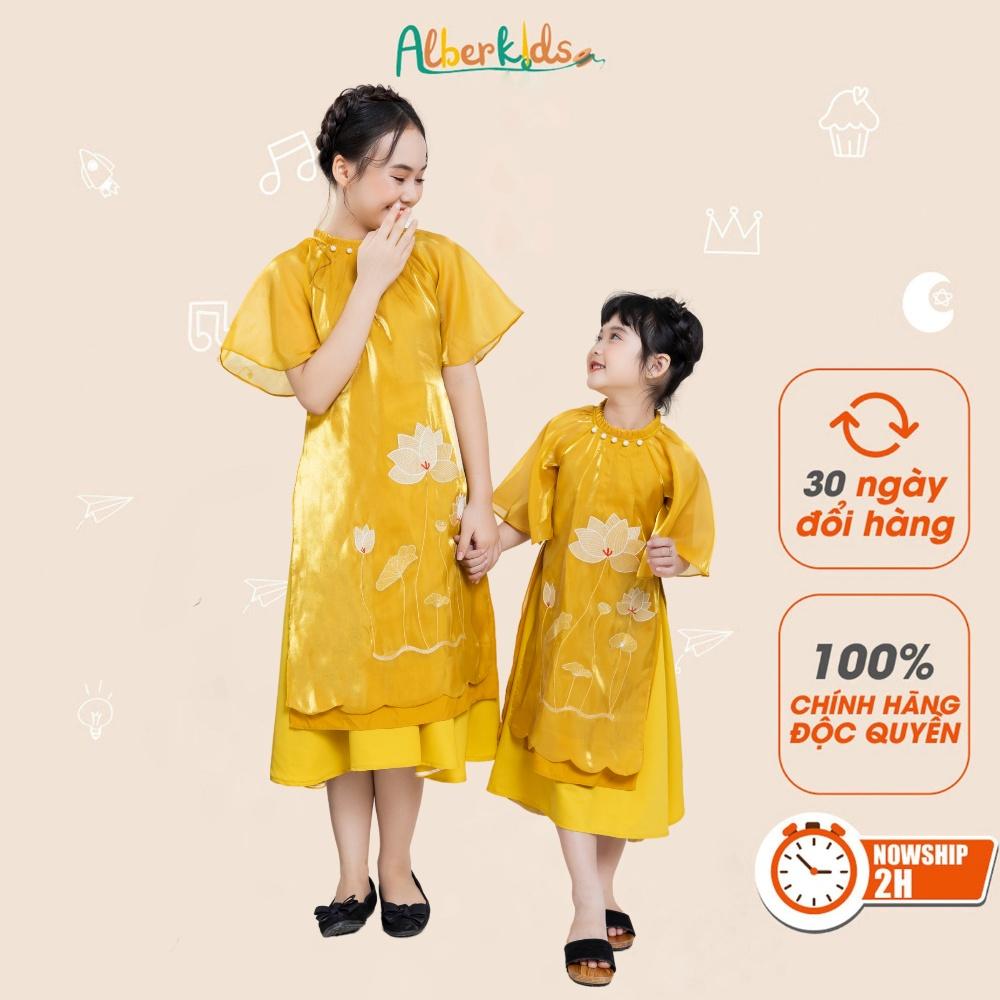 Áo dài tết cách tân vàng thêu hoa sen phối chân váy ALBERKIDS cho mẹ và bé gái cho trẻ em 4,5,6,7,8,9,10,11,12,13,14