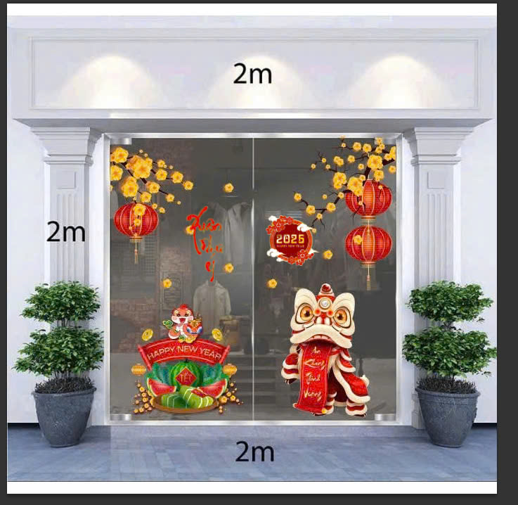 Decal dán kính trang trí tết Mẫu 3 ,decal dán kính văn phòng công ty, nhà hàng, khách sạn