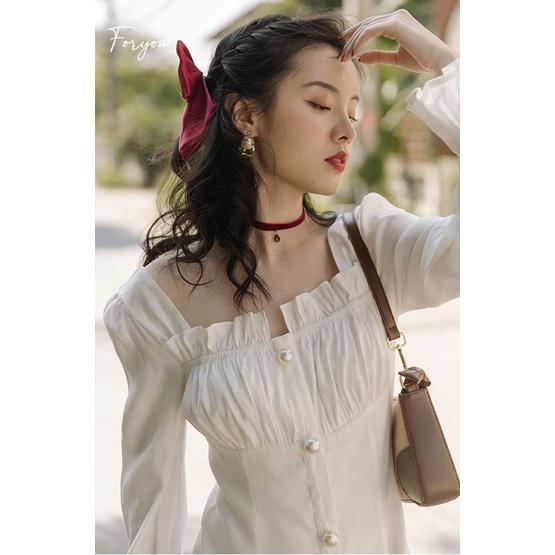 Váy đầm trắng dài nhún ngực FORYOU đầm tay dài mặc đi tiệc, đám cưới - Mia Dress