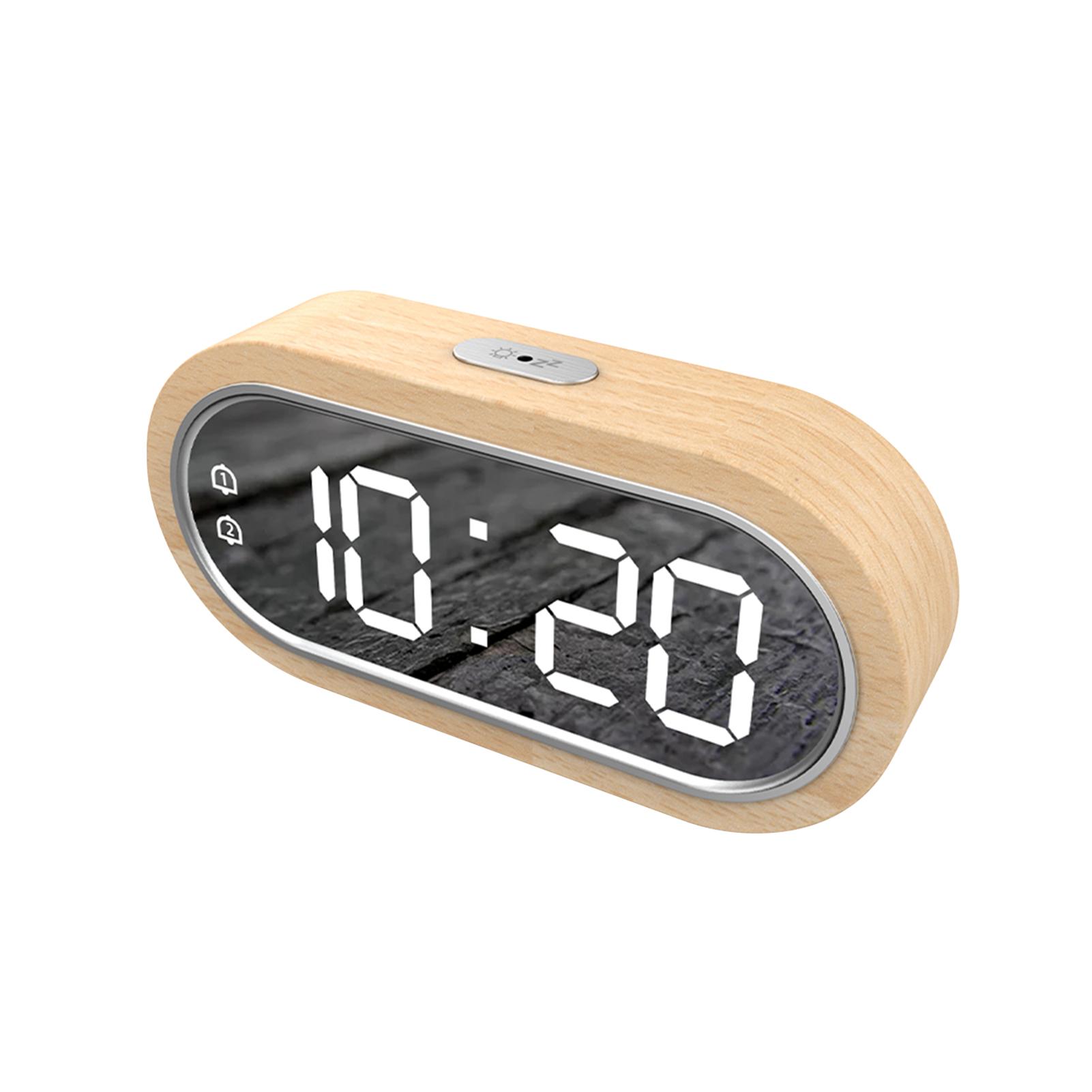 Beech Wood Digital Clock Dual Alarm Snooze USB Alarm Clock Table Thermometer Electronic LED Wooden Desk Clock 4-Level Brightness for Living Room Office