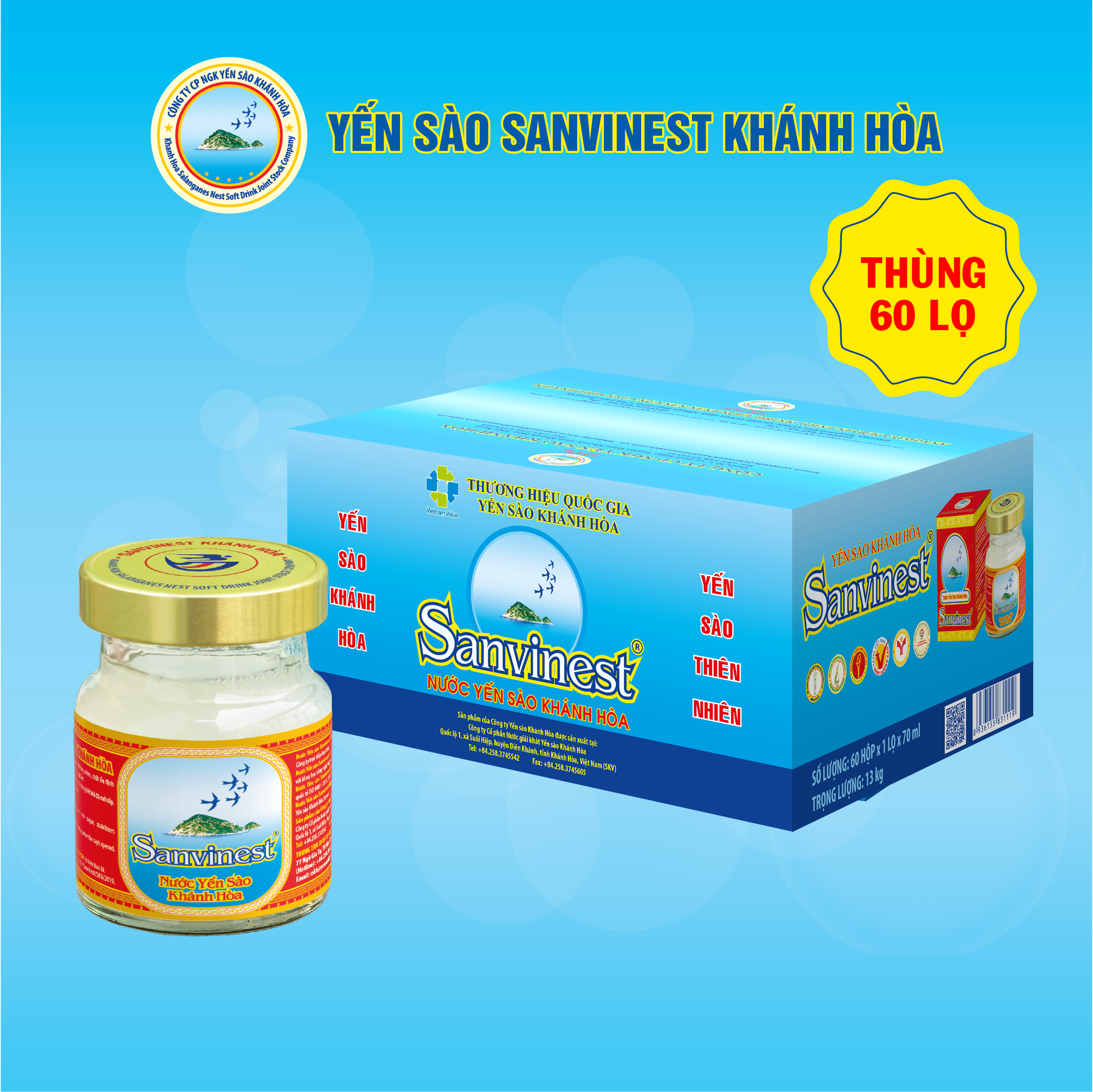 [Thùng 60 lọ] Nước Yến sào Sanvinest Khánh Hòa đóng lọ 70ml - Có đường 101