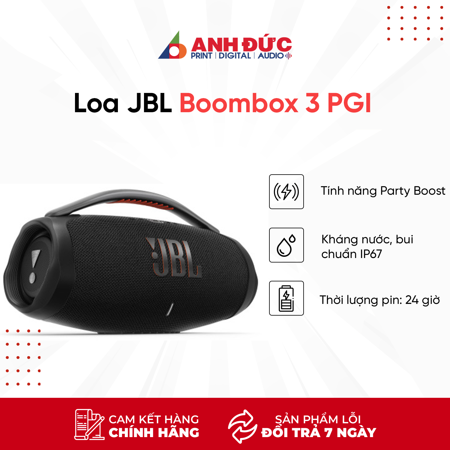 Loa Bluetooh JBL Boombox 3 - Thời Lượng Pin Lên Đến 24 Giờ - Hàng Chính Hãng PGI