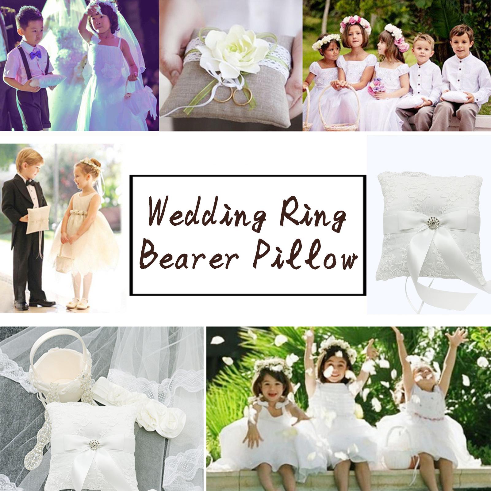 Gối nhẫn cưới mang vòng sa tanh trắng với nơ ruy băng, trang trí pha lê và ren