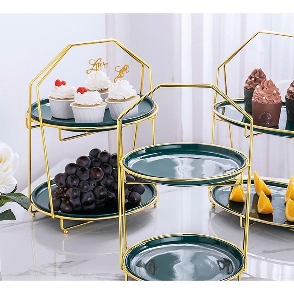 KHAY SỨ ĐỰNG BÁNH KẸO HOA QUẢ HAI TẦNG TRÒN KHUNG KIM LOẠI MẠ VÀNG XANH