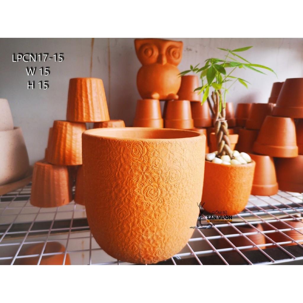 Chậu gốm đất nung kiểu TRỨNG VÂN HOA HỒNG size 15cm LPCN17-15 - Màu gốm đỏ , chậu trồng cây, gốm sứ sân vườn Bìn