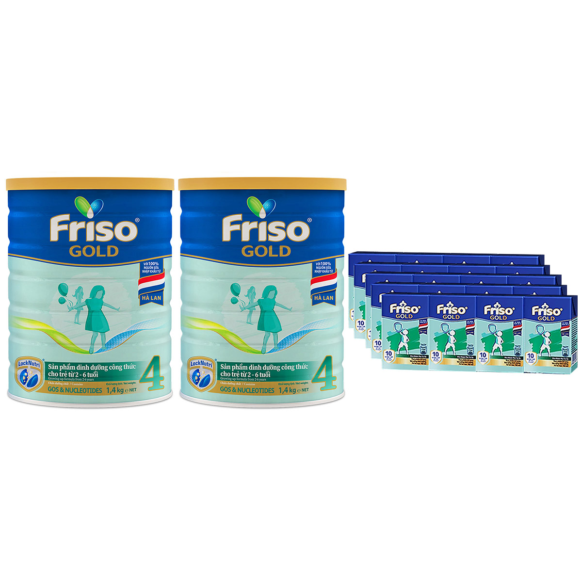 Combo 2 lon sữa Friso Gold 4 - Tặng 5 lốc Friso RTD 110ml