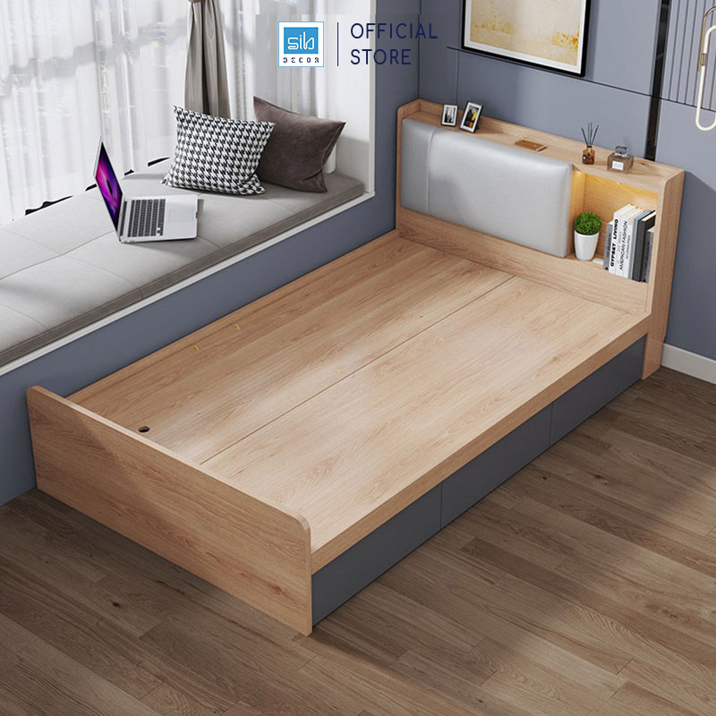 Giường Gỗ Đơn Dài 1.2m Phối Đèn LED và 3 Ngăn Kéo Màu Oak Phối Xám Chì SIB Decor GN16