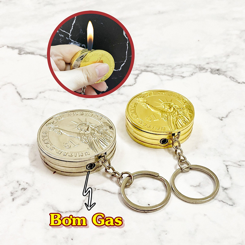 Bật Lửa Móc Khóa Đồng Xu Vàng Bạc Kim Loại - Xài Gas