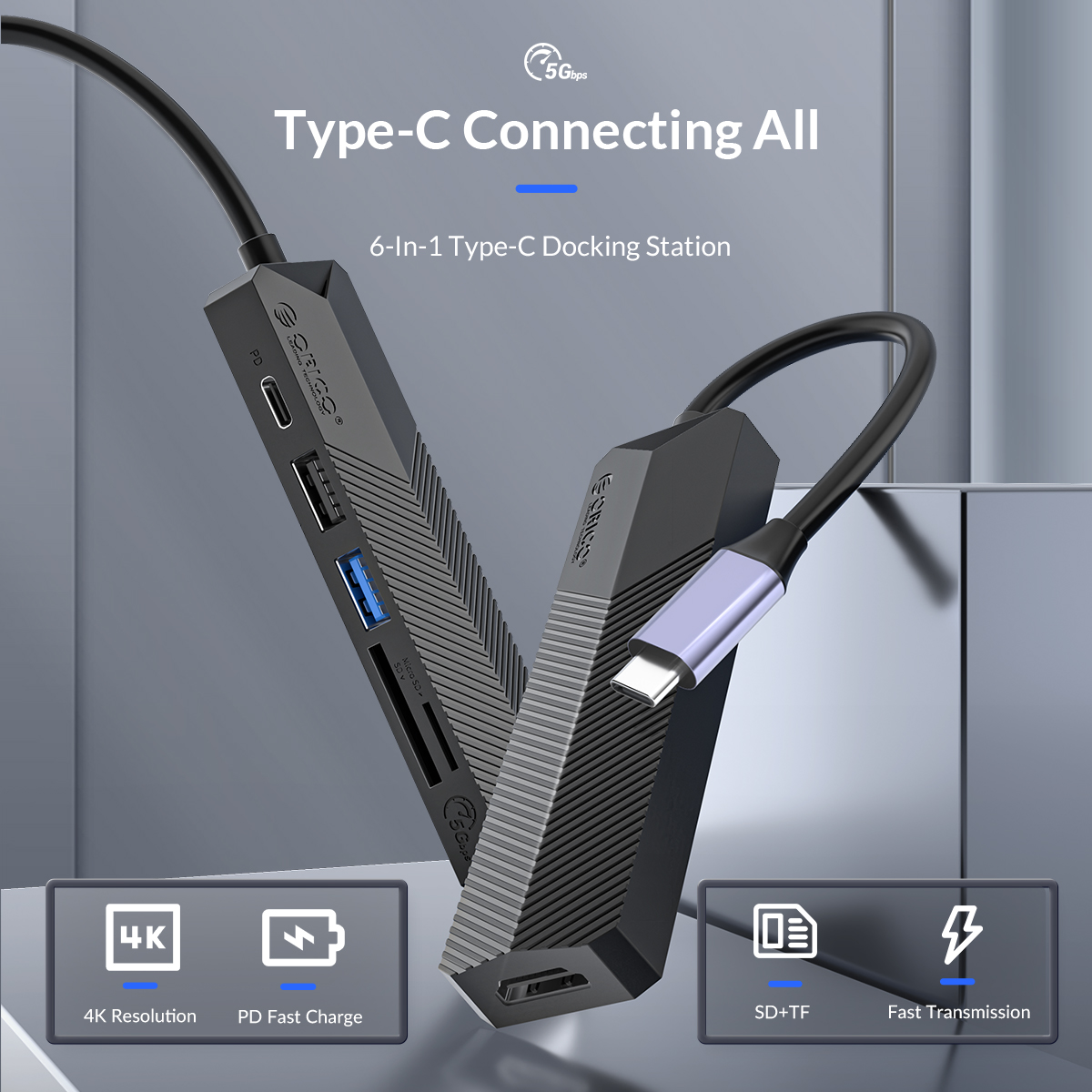 Hub typec 4 trong 1 Orico MDK-4P sang HDMI 4K, 1 x USB-C PD 55W, USB 3.0,2.0 - Hàng Chính Hãng