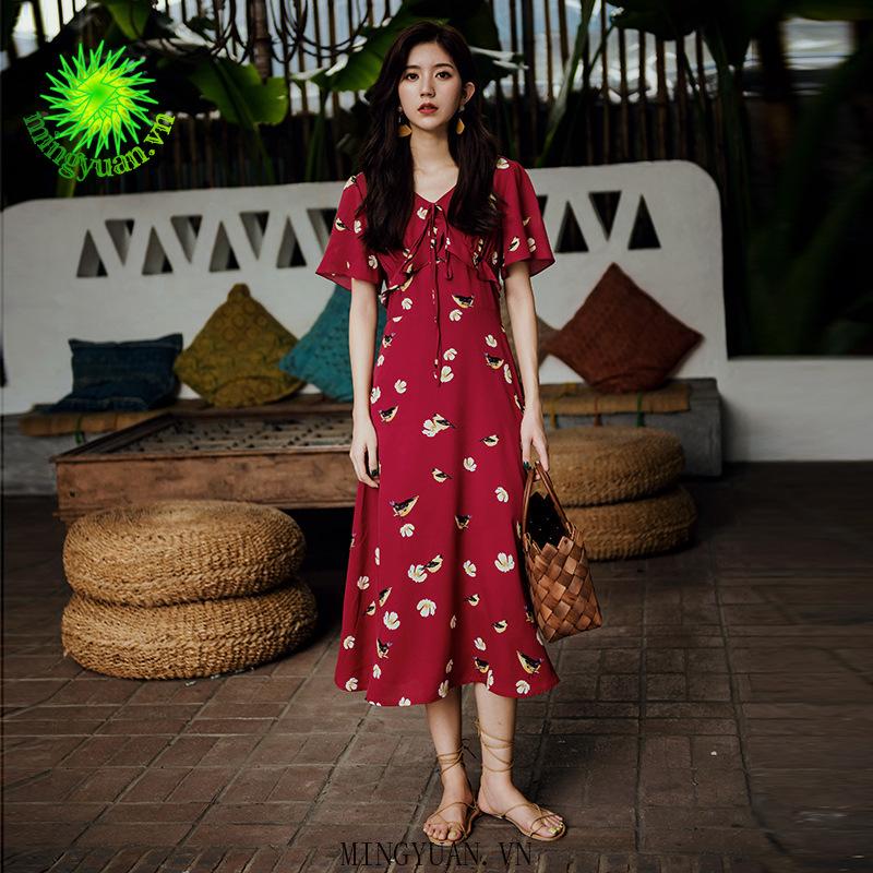 Đầm Đi Biển Cổ Chữ V Họa Tiết Hoa Xinh Xắn Cho Nữ