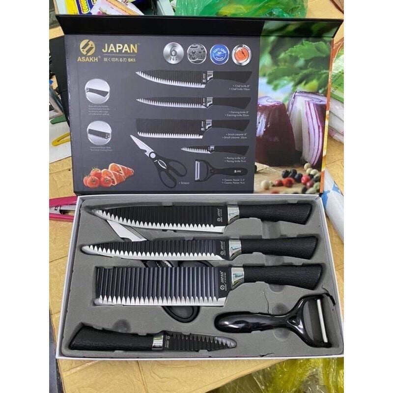 Bộ Dao Nhật ASAKH Làm Bếp 6 Món Lưỡi Sóng Cao Cấp, Chất Liệu Hợp Kim Chống Gỉ - Tiện Lợi