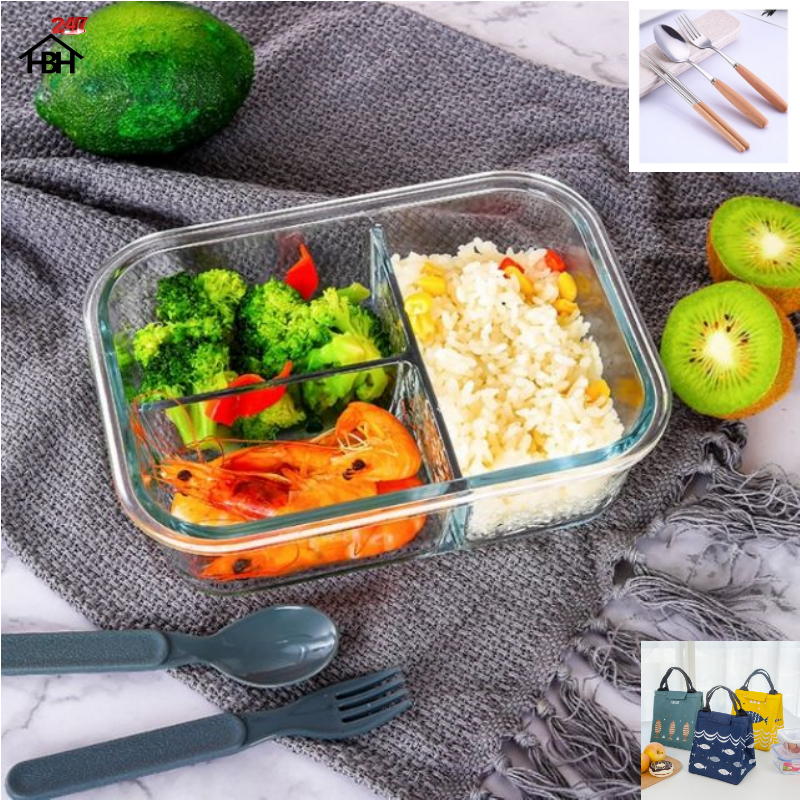 Hộp Cơm Thủy Tinh 3 Ngăn 1050 ml + Túi Cá + Hộp Đũa Thìa Cán gỗ cực kì tiện lợi