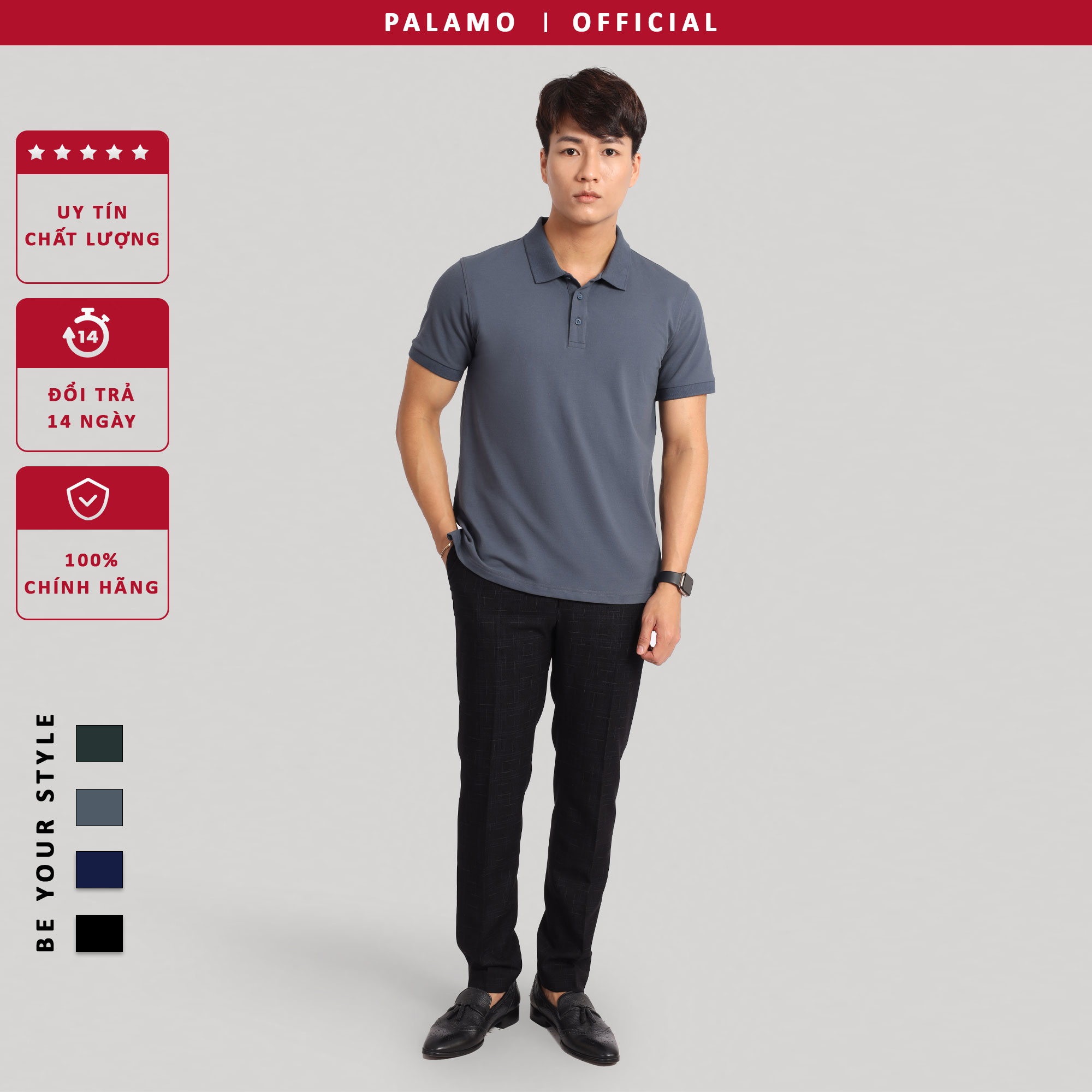 Áo phông polo nam Palamo classic, regular fit, cotton spandex / màu xanh rêu