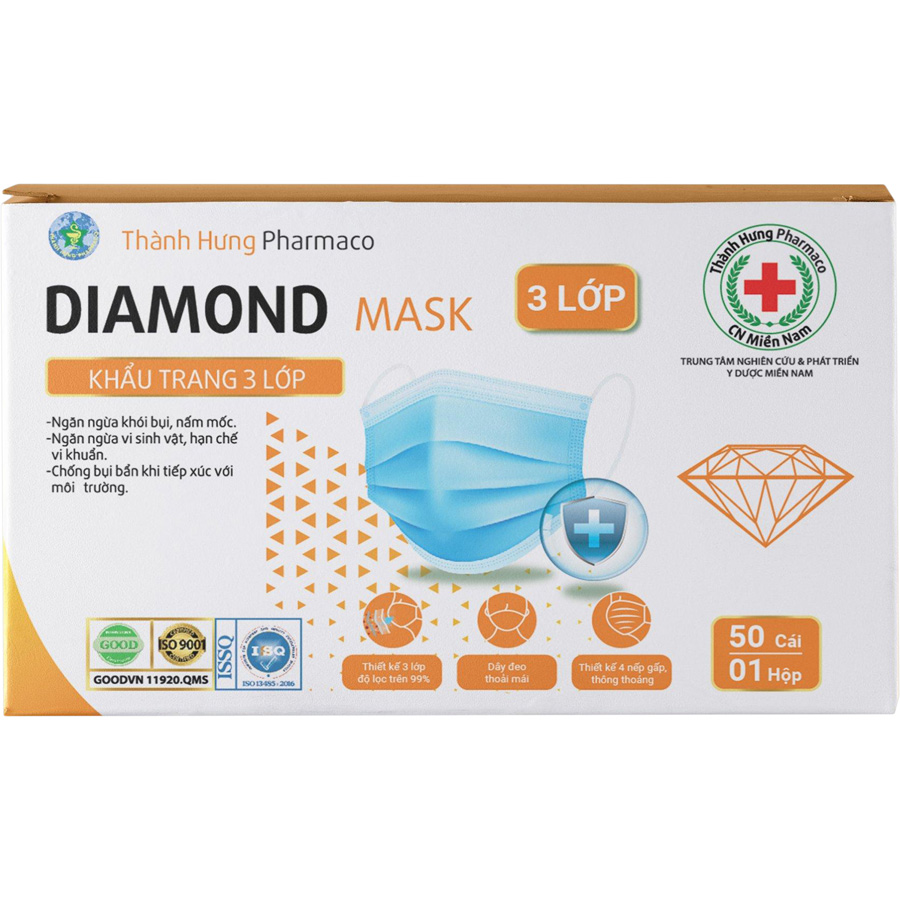 Khẩu Trang Y Tế Kháng Khuẩn Diamond Mask 3 Lớp (Hộp 50 Cái)